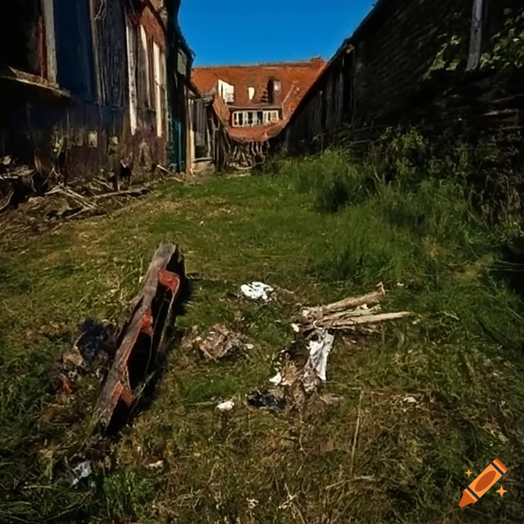 Decrepit grassy space with litter in a town, old man stuck in brambles