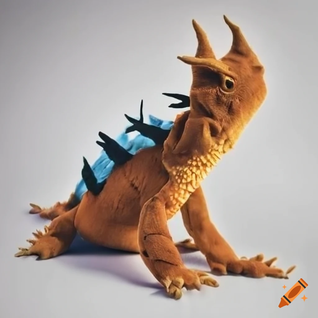 Plushie horned lizard next to a trumpet