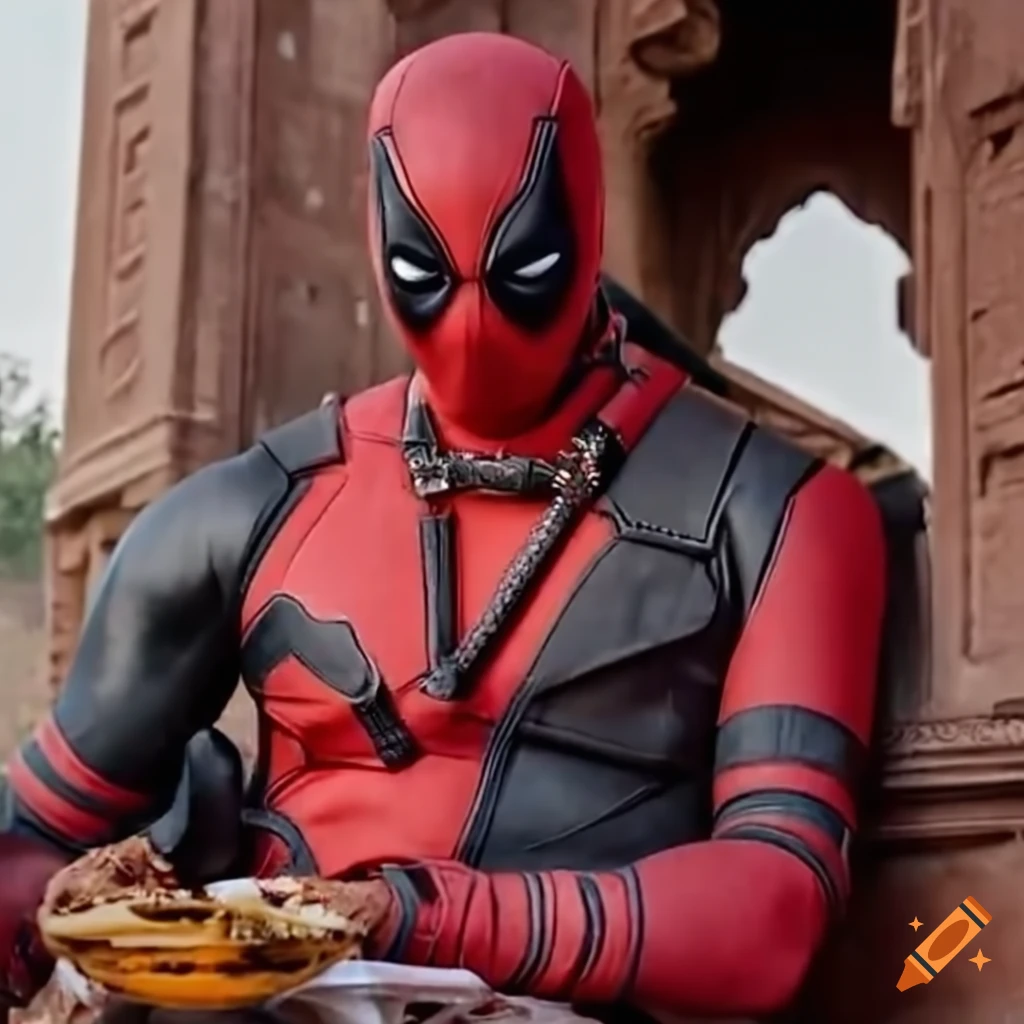 Deadpool eating outside shaniwar wada on Craiyon