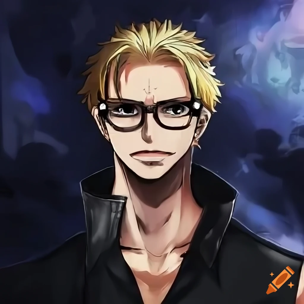 Male anime character with blonde hair, glasses, and black clothes on Craiyon, image size:1024x1024