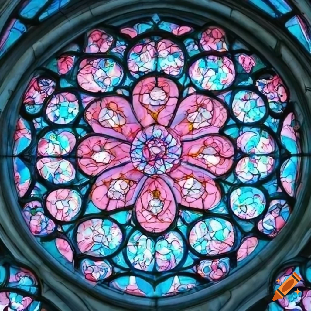 Pastel blue and pink cathedral rose window on Craiyon