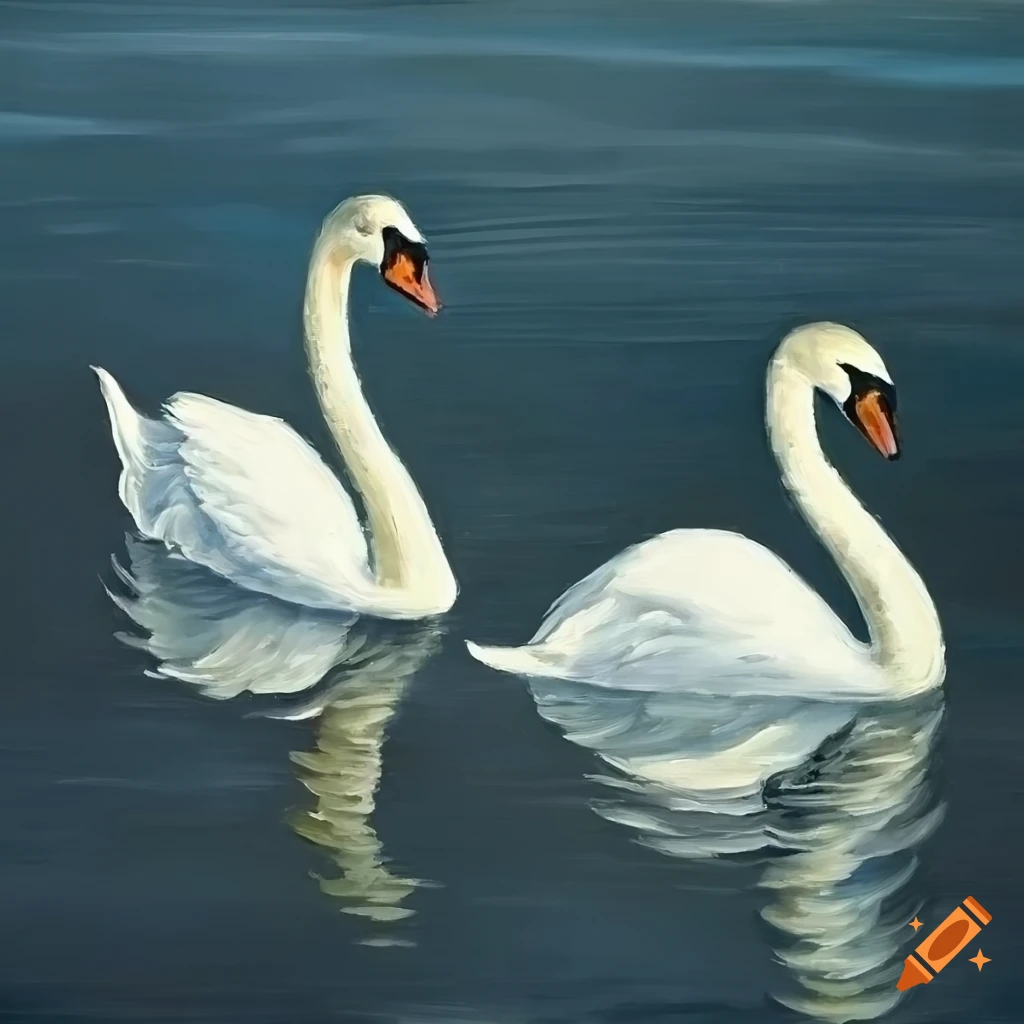 Oil painting of swans on a lake with water background
