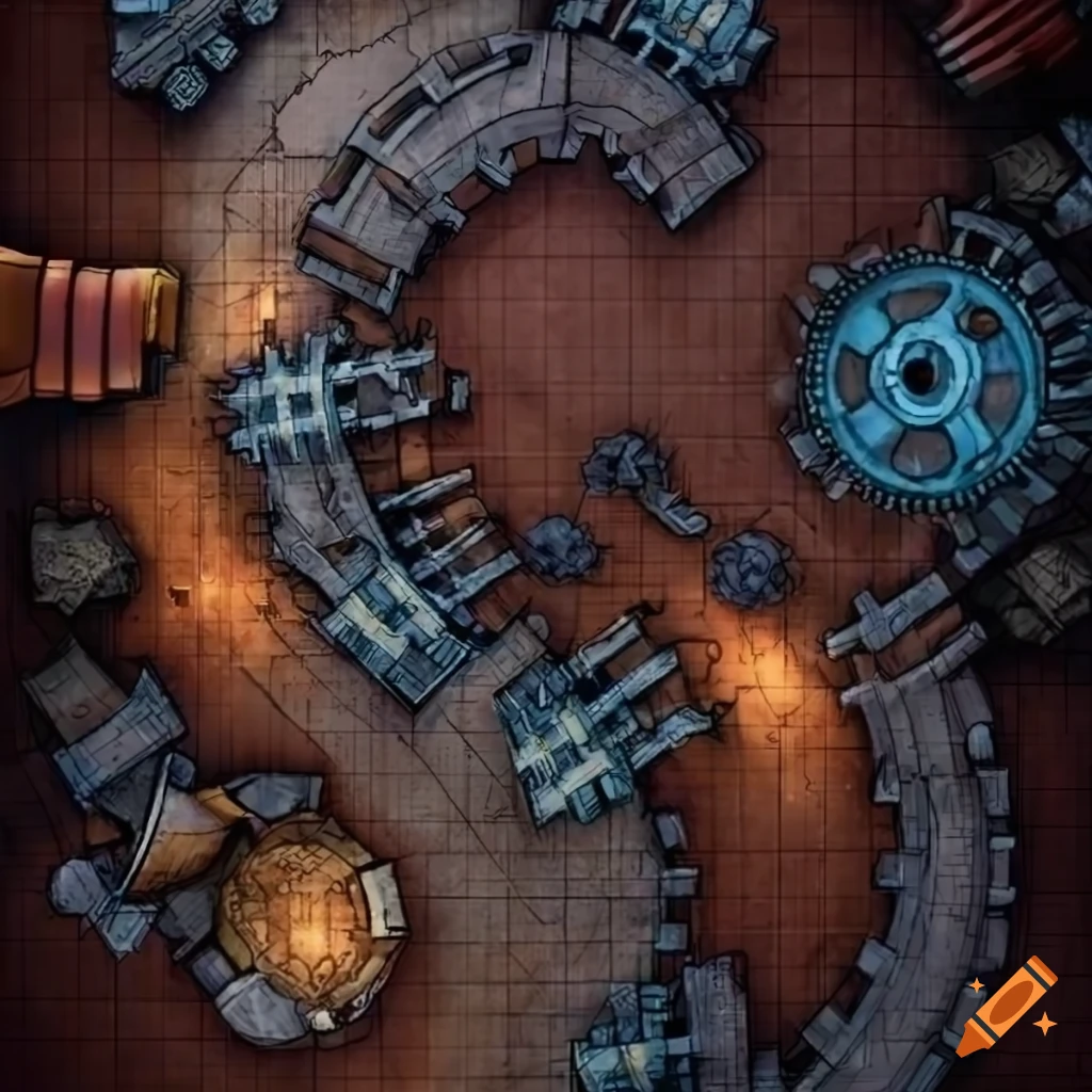 Dnd arena battle map with gears and treadmills on Craiyon