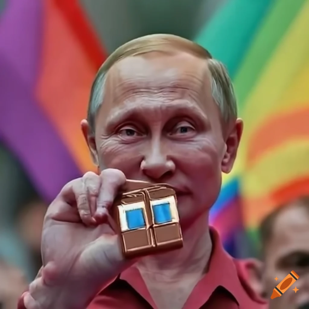President putin at a pride parade with a chocolate bar on Craiyon