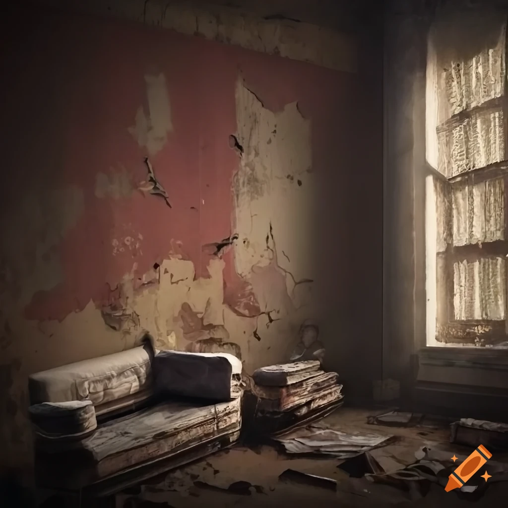 Abandoned room with peeling wallpaper, defaced painting, and destroyed sofa