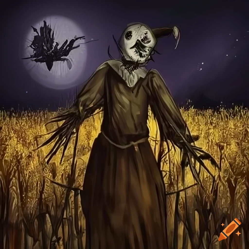 Haunted scarecrow with white eyes in a corn field at night on Craiyon
