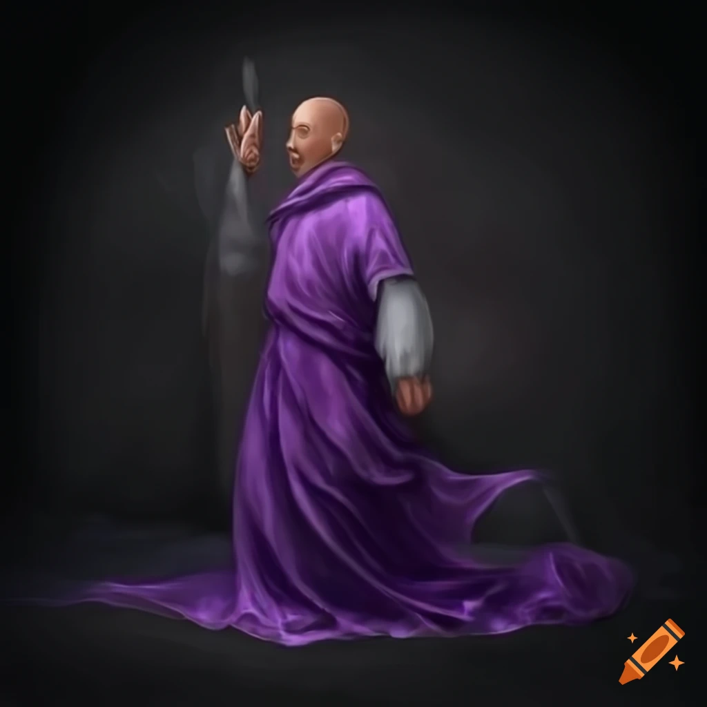 Cultured male monk in purple and silver robe kicking in a rusty village