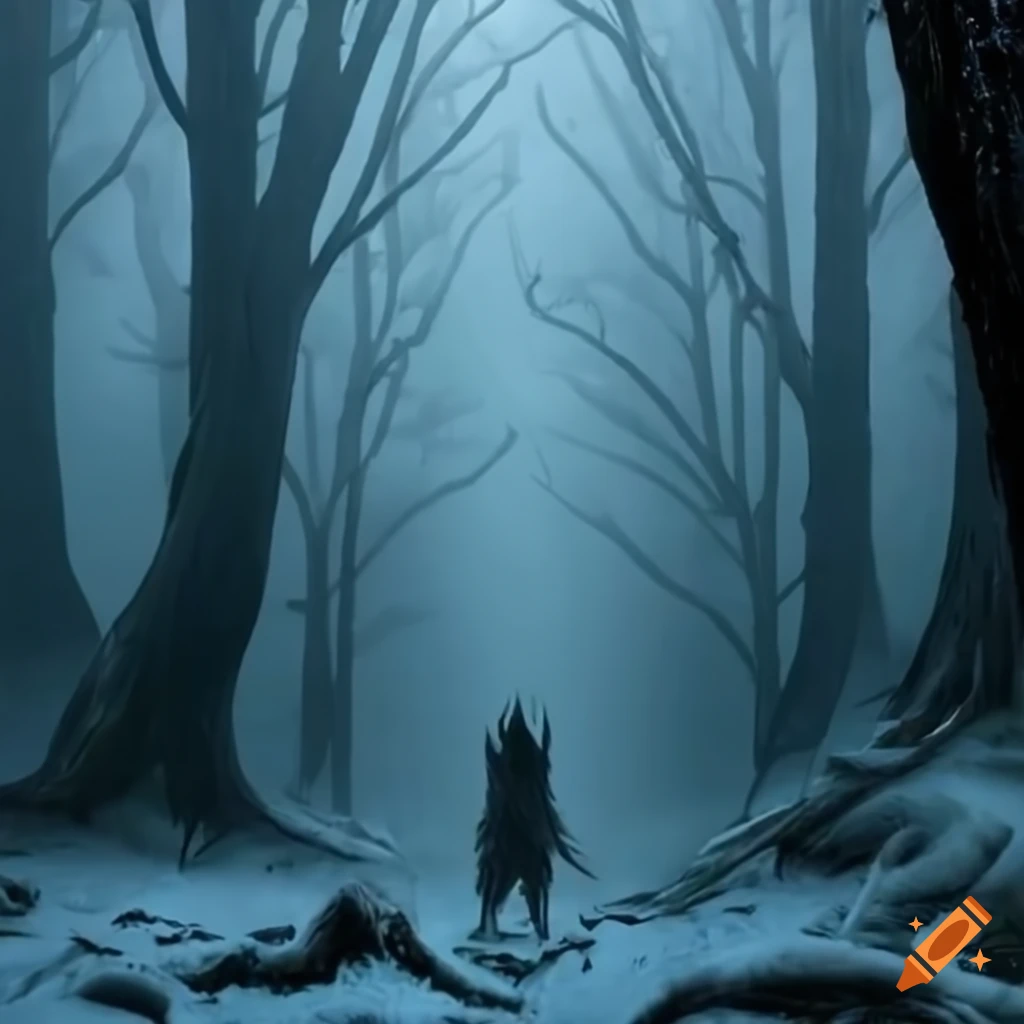 Spooky frozen forest with a werewolf