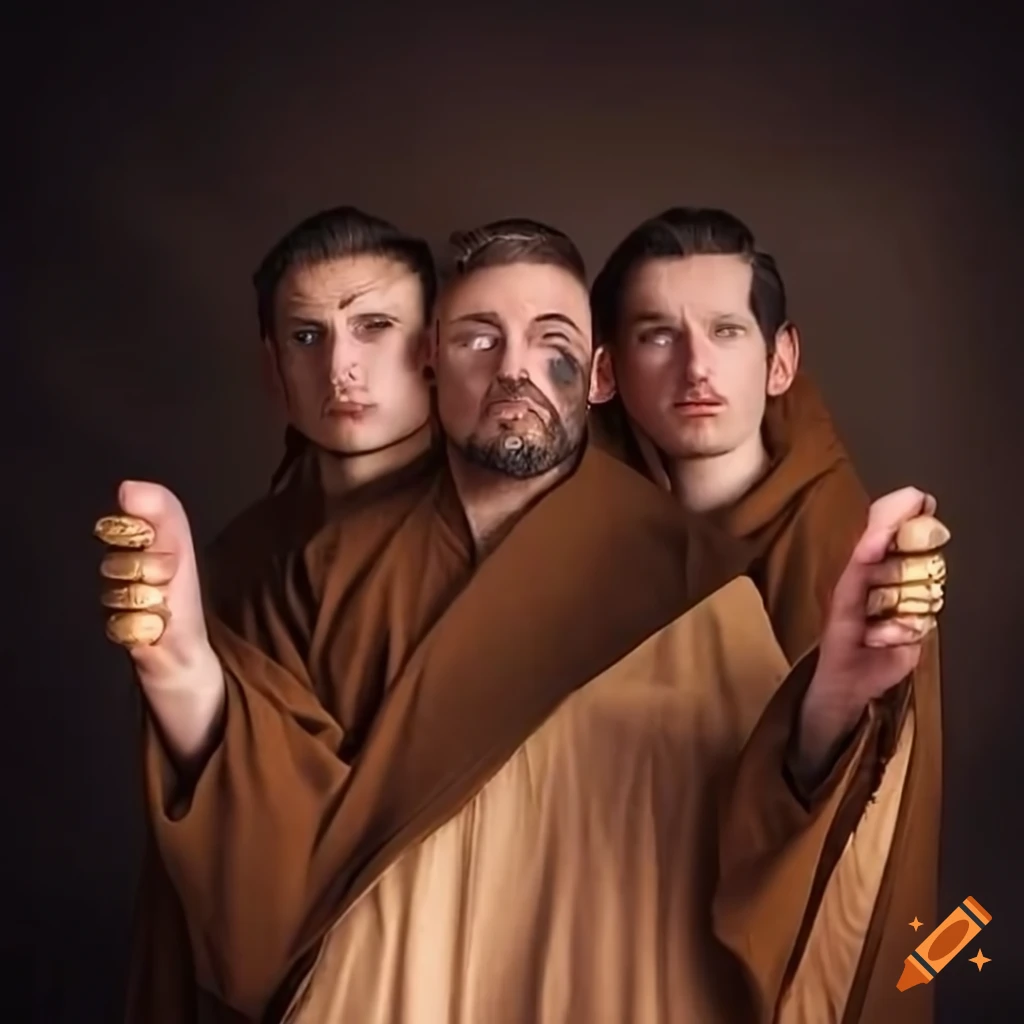 Six men in colored robes with intricate gold rings on their left ring fingers