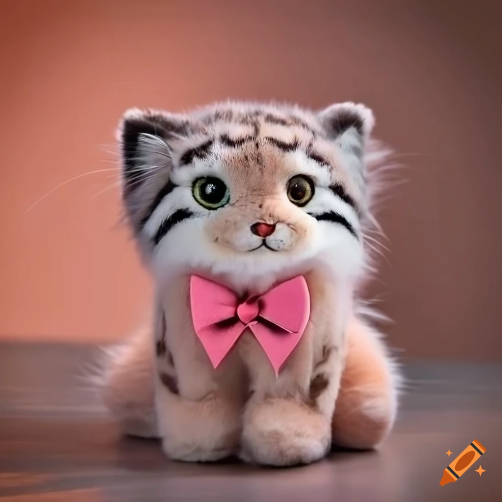Rose-brown Pallas cat plushie with fluffy tail and cute bowtie