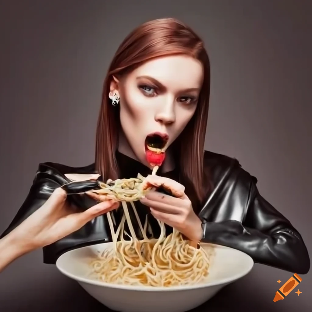 Skinny model in stylish attire eating noodles