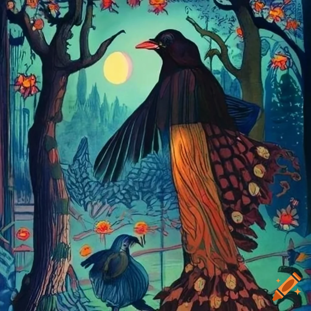 Illustration of a mystical Curandera Raven and an elegant Mother Goose in a storybook