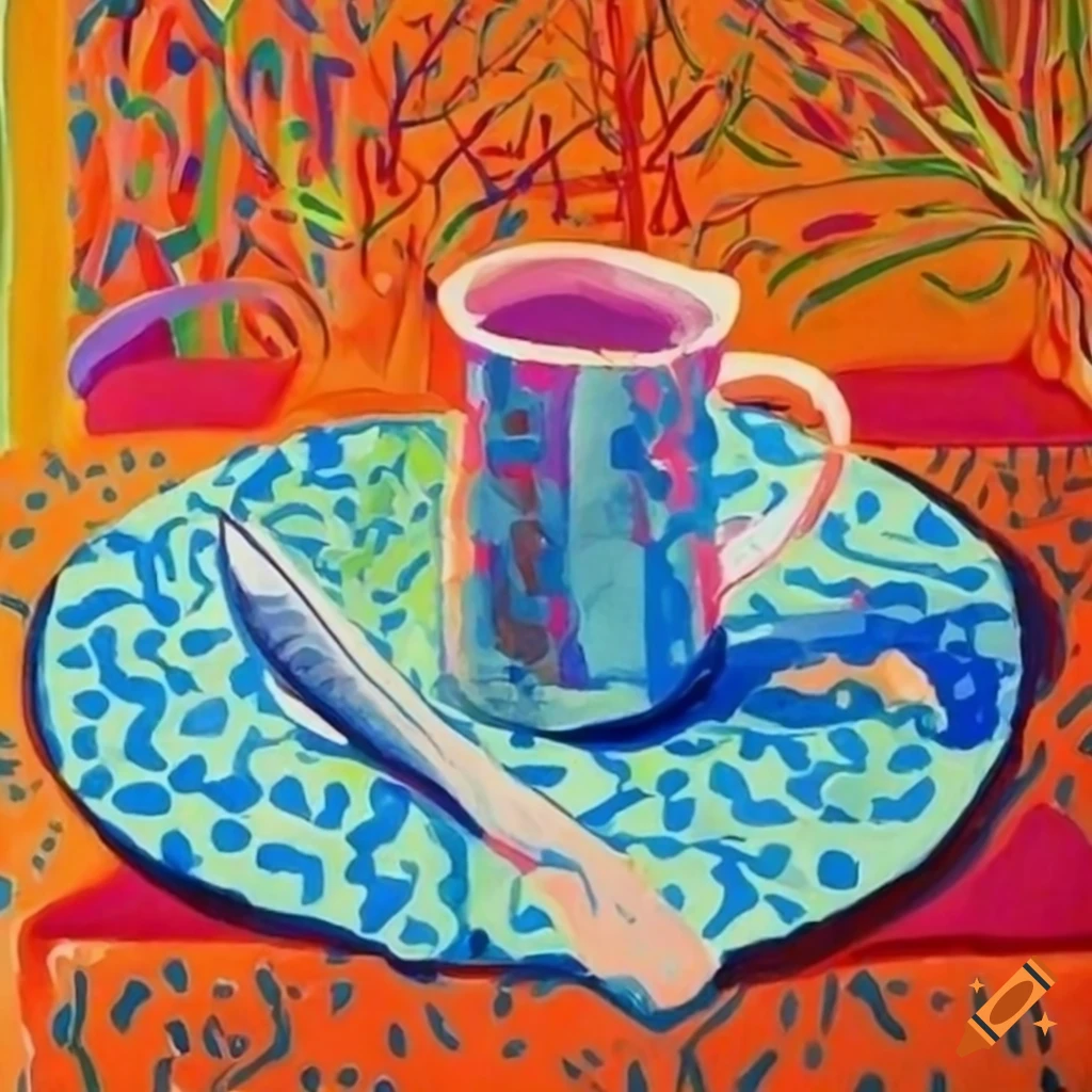 Colorful patterned napkins on table with art by Georges Braque and David Hockney in background