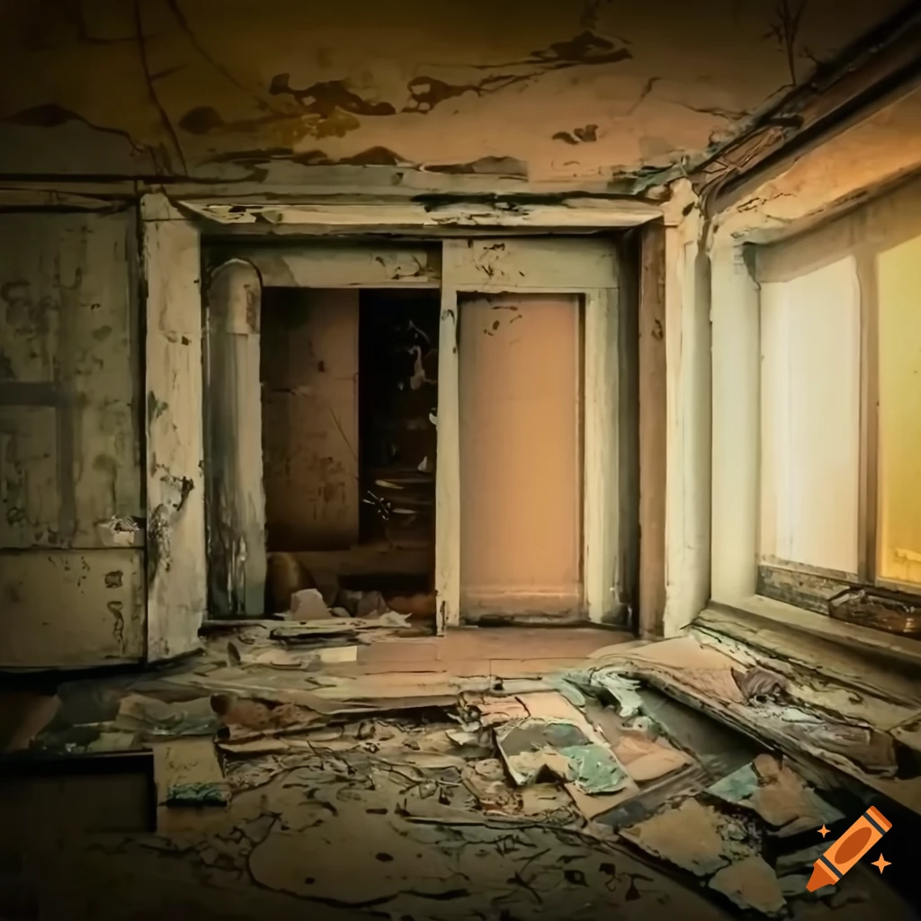 Abandoned flooded basement room with peeling pastel paint and narrow windows, enveloped in heavenly gold fog