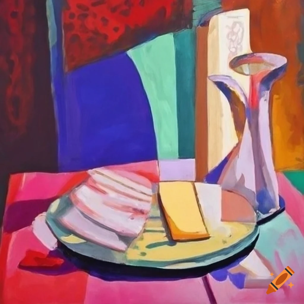 Colorful patterned napkins on table with art by Georges Braque and David Hockney in background