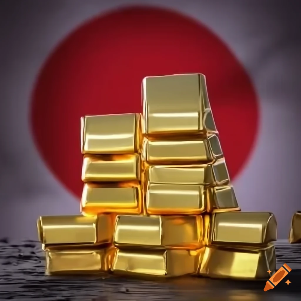Stack of gold bars with japanese rising sun flag in the background on