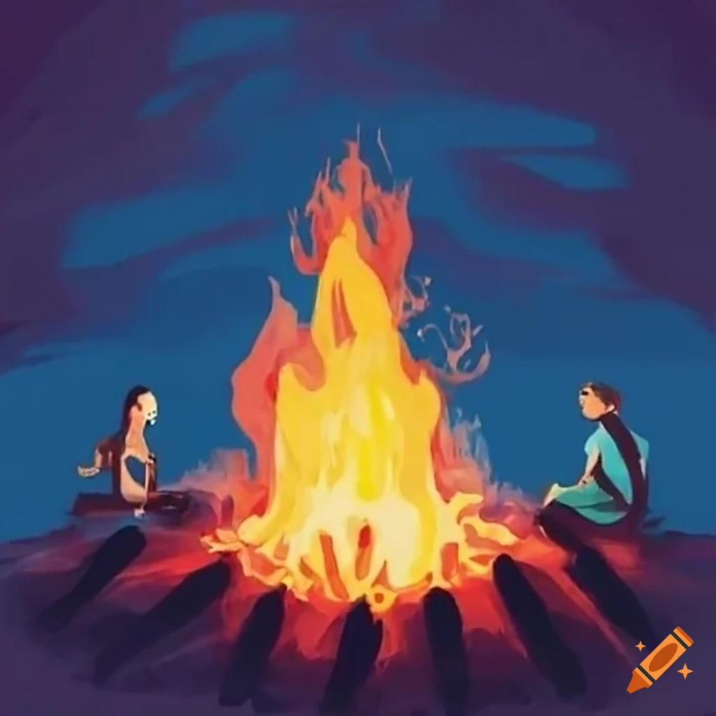 Community gathered around a bonfire at midnight