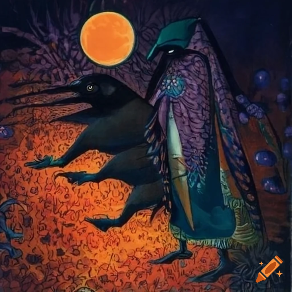 Storybook illustration stone lithograph of a mystical Curandera Raven and elegant Mother Goose in peacock cloak