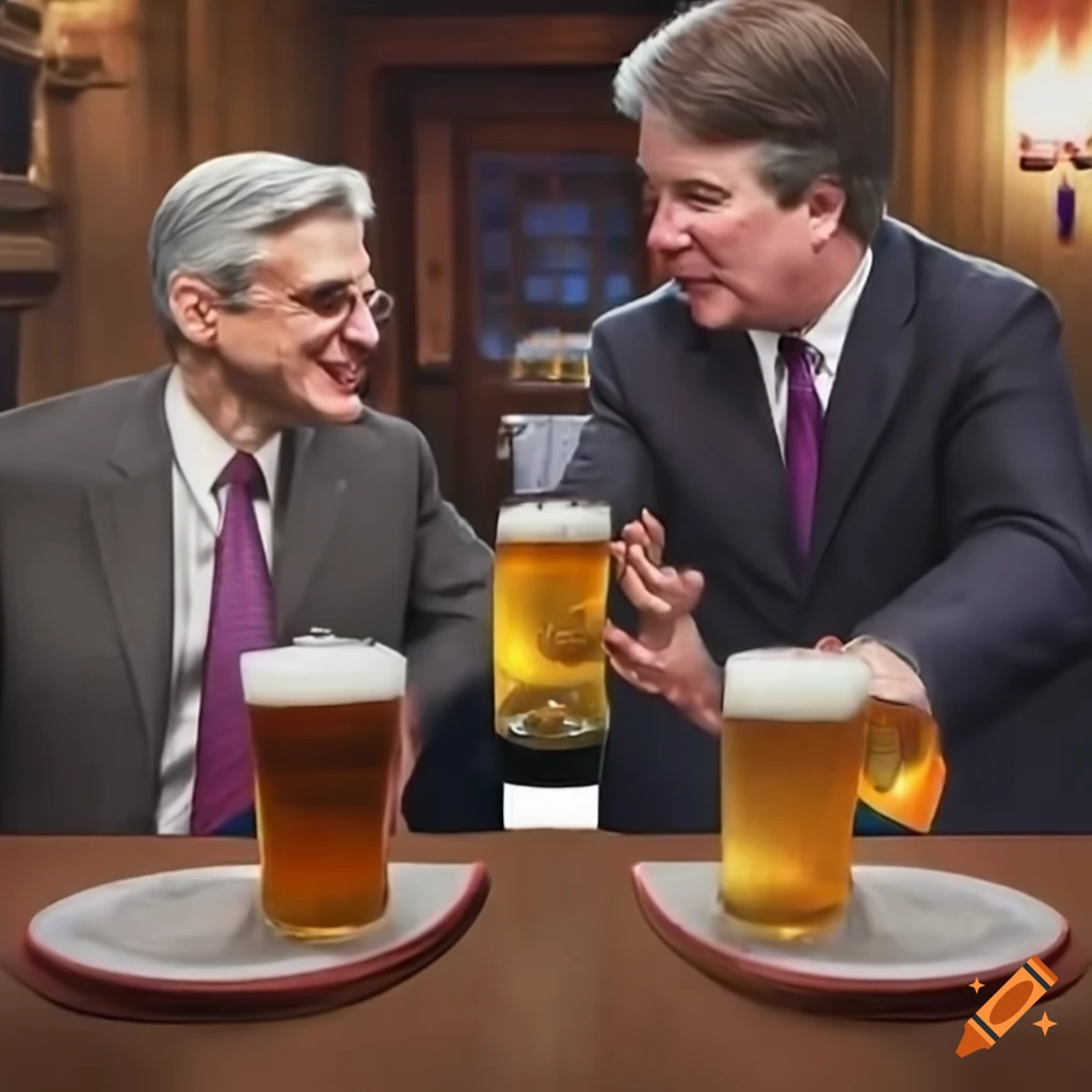Merrick Garland and Brett Kavanaugh having a beer in a pub