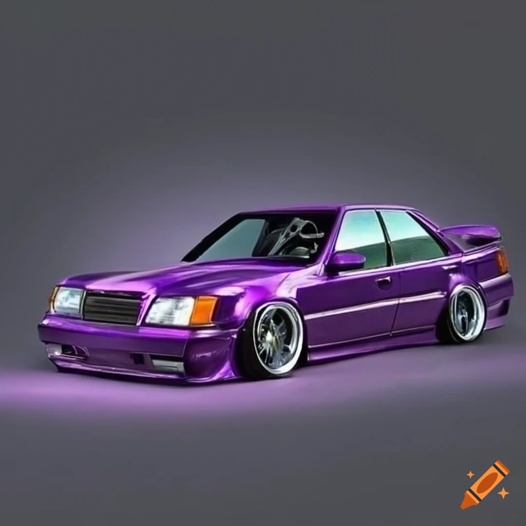 Customized purple w124 with wide body kit, spoiler, and black lip kit