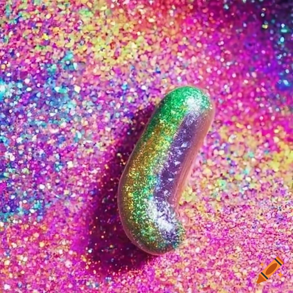 Colorful glitter cloud surrounding a glitter pickle with holy incense