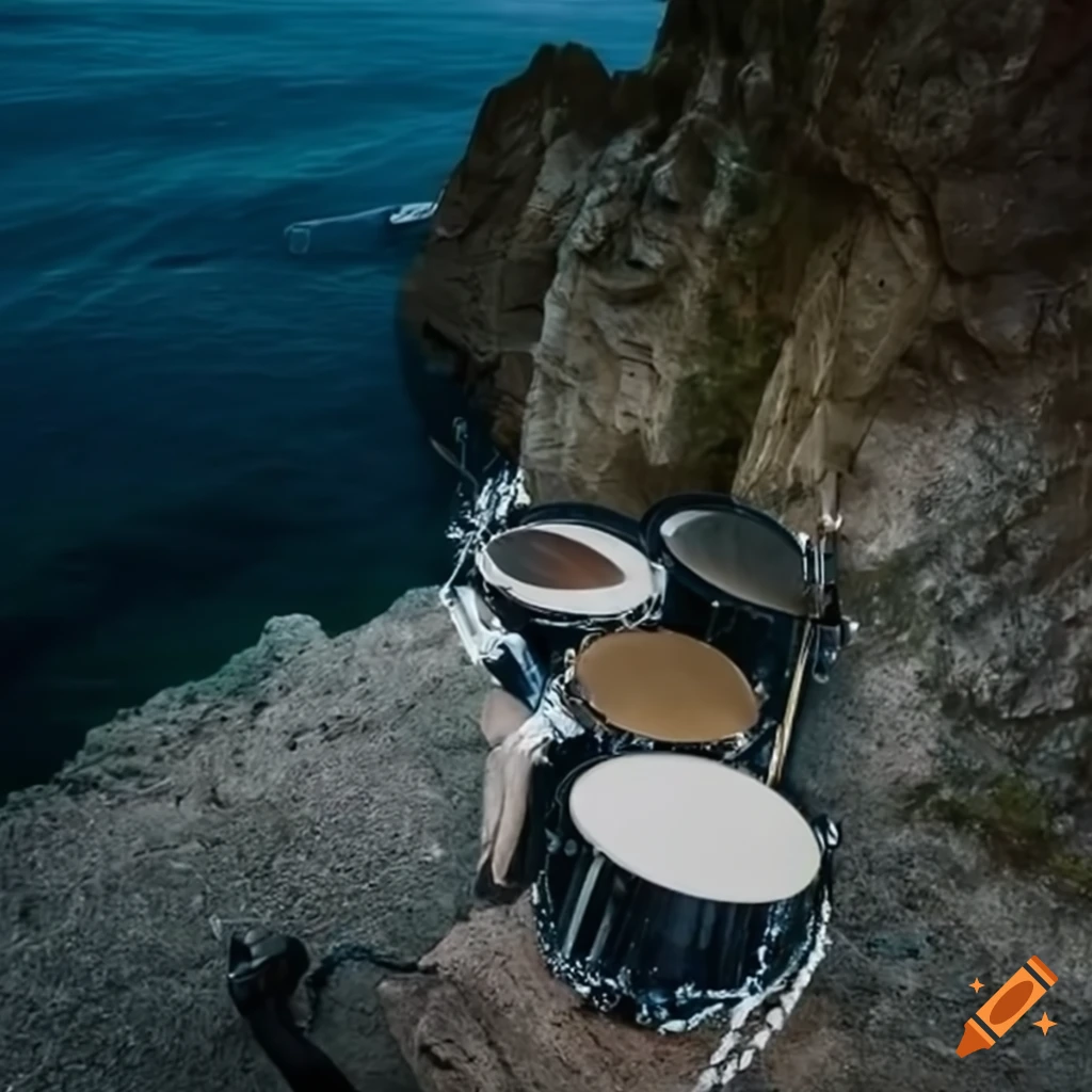 Drum kit on the edge of a cliff by the sea