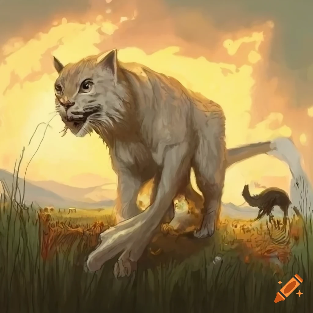 Noble white six-legged feline in a field in ligne claire style