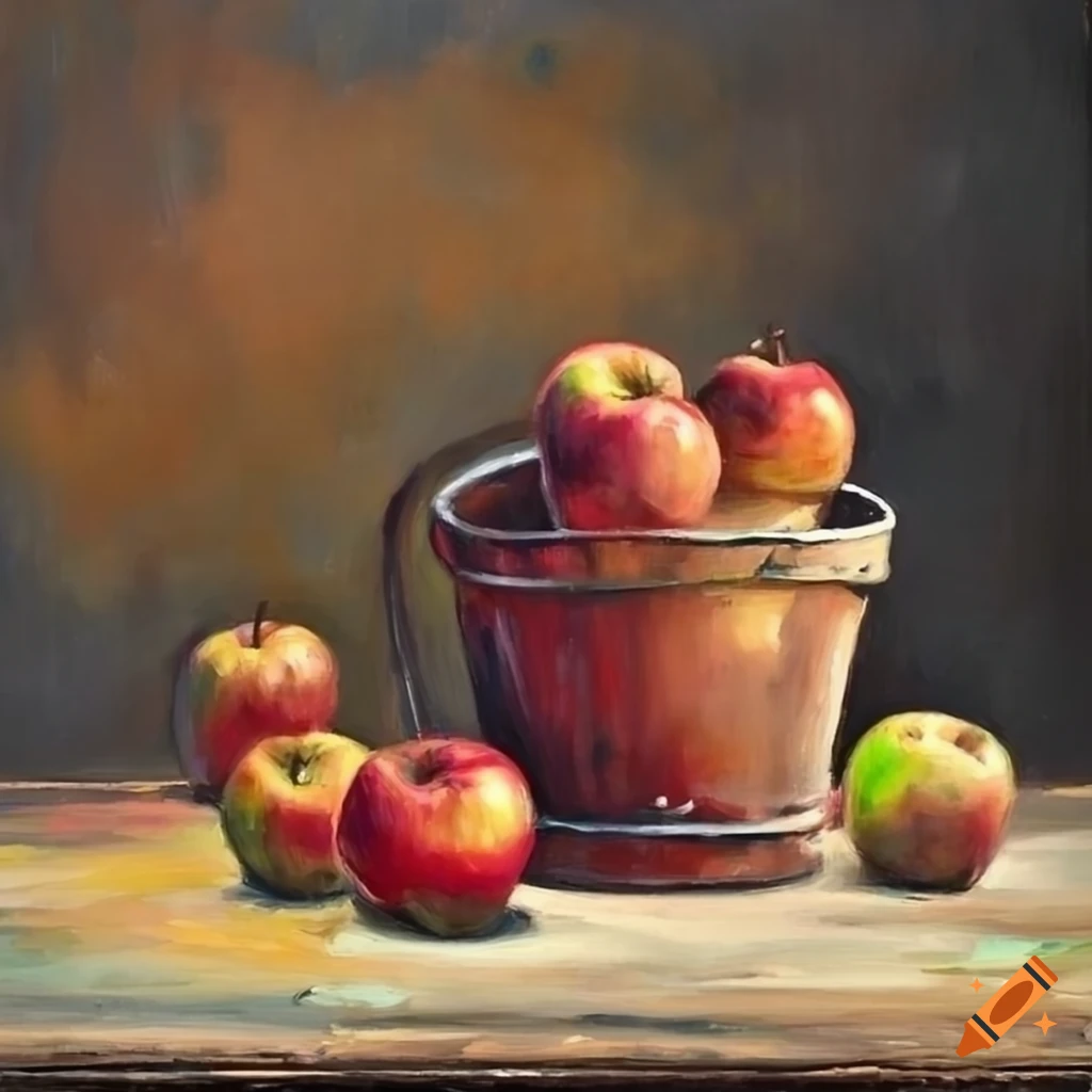 Oil painting of tipped over bucket of apples on old wooden table
