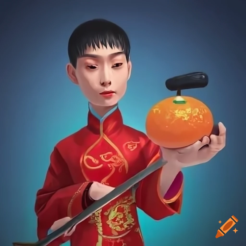 Chinese New Year curling with a tangerine stone in front of a Chinese palace