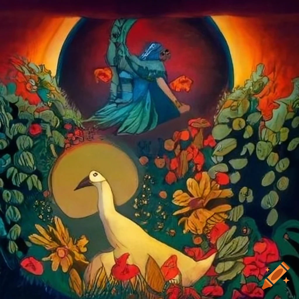 Illustration of a mystical Curandera Raven and Mother Goose in dark hooded cape