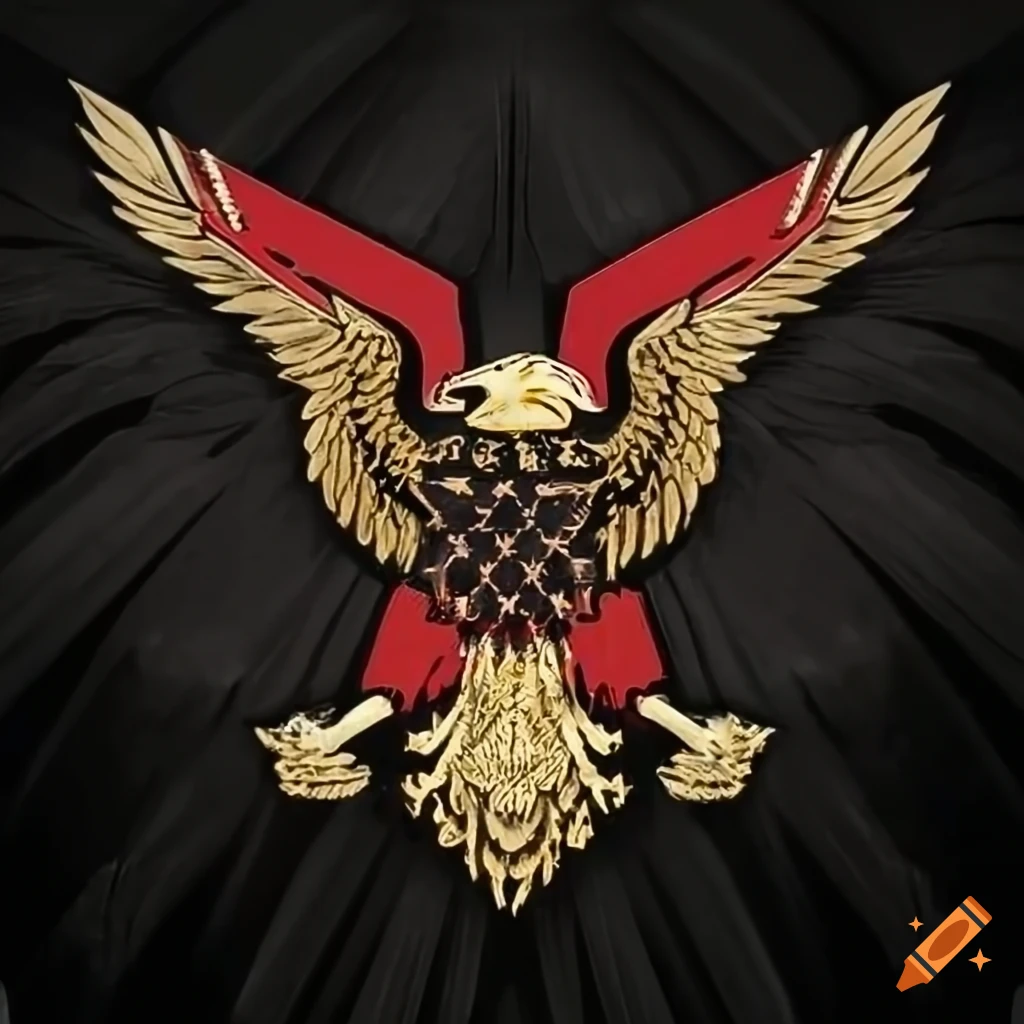Military logo with red, black, white, and gold featuring an eagle