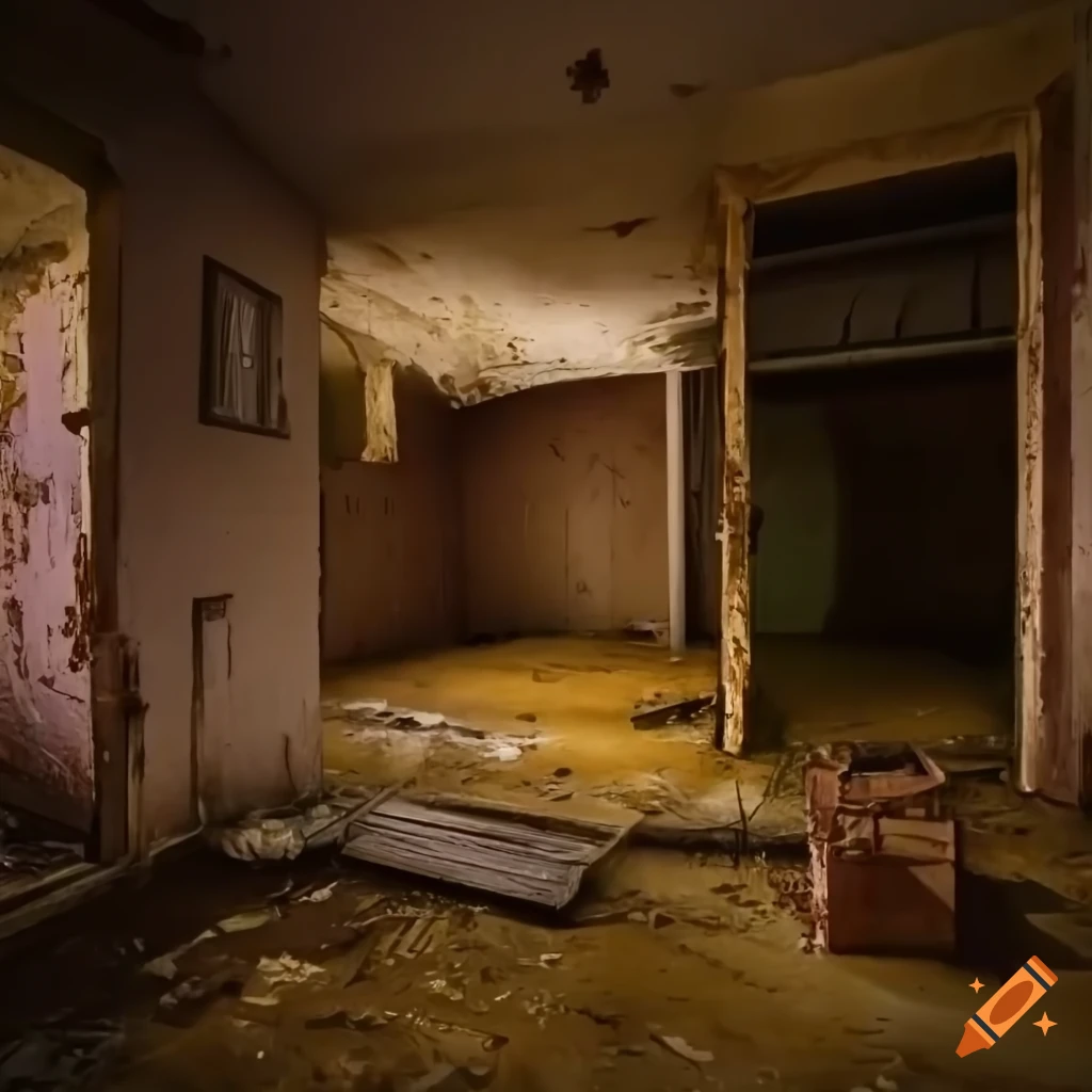 Abandoned flooded basement room filled with boxes and peeling pastel colors paint under heavenly gold fog