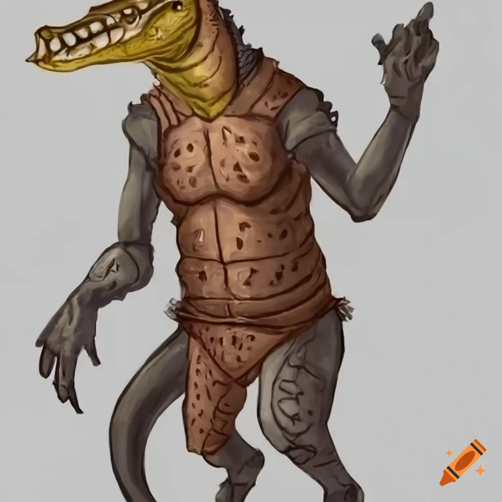 Brownish-yellow humanoid medieval hunter jacaré with insects and gear ...