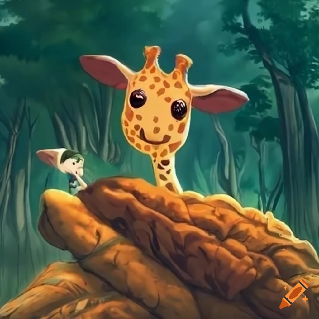 Exaggerated whimsical giraffe in Studio Ghibli style artwork
