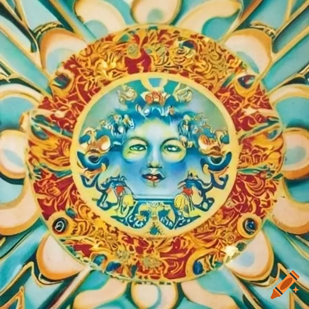 Classical sun with face sticker art in opalescent art deco style