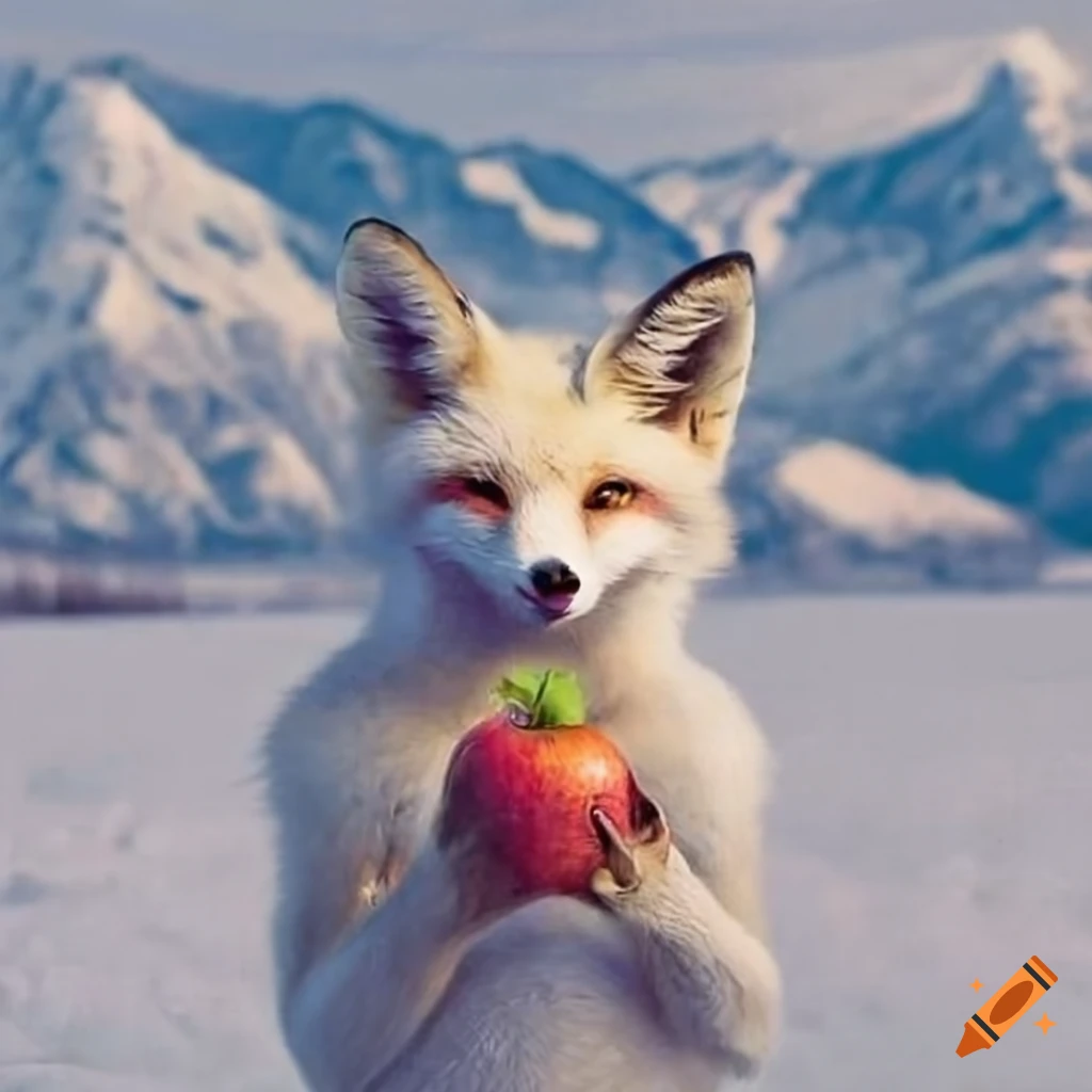 White fox holding an apple with snowy alps in the renaissance style