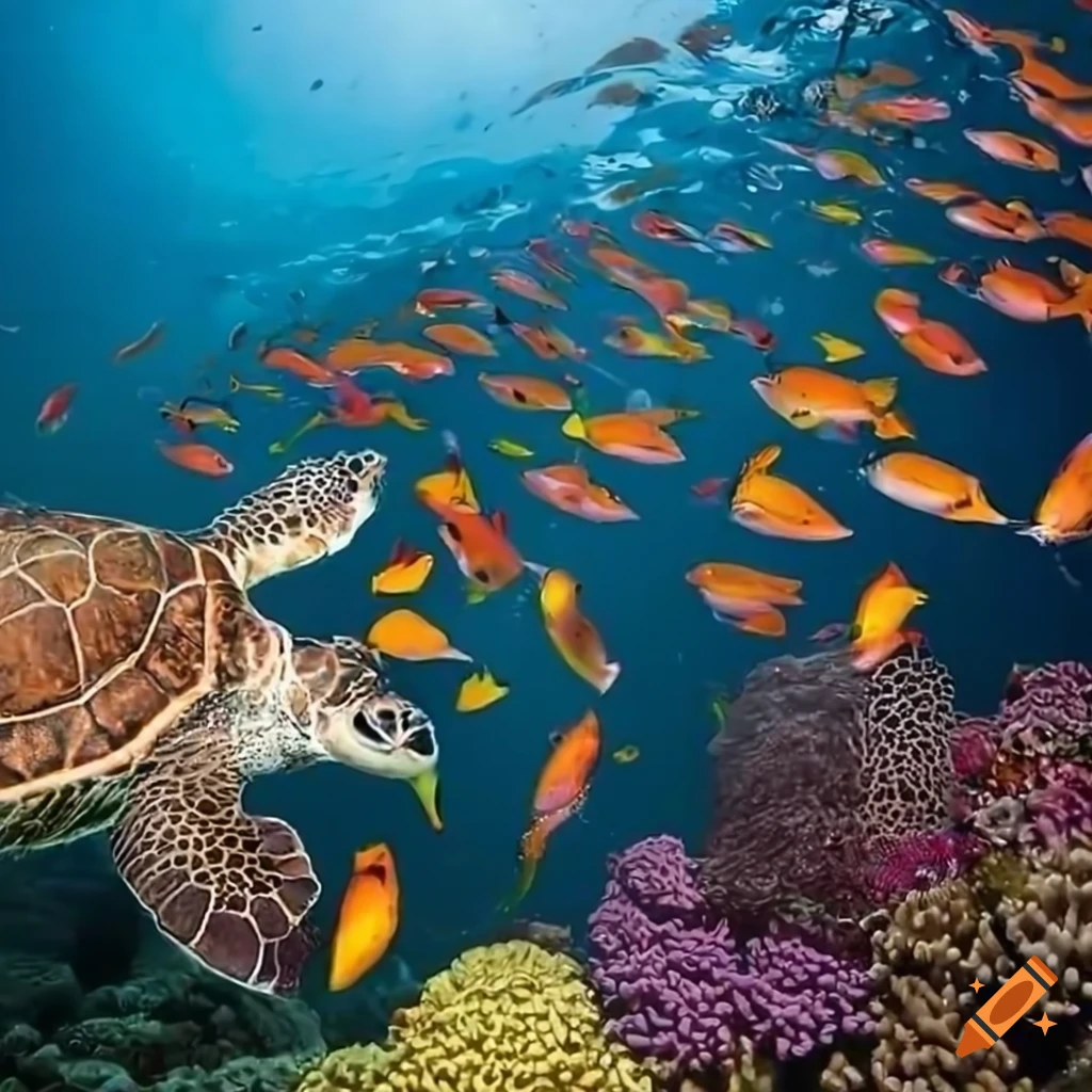 Majestic turtle in a vibrant coral reef with colorful fish, high detail