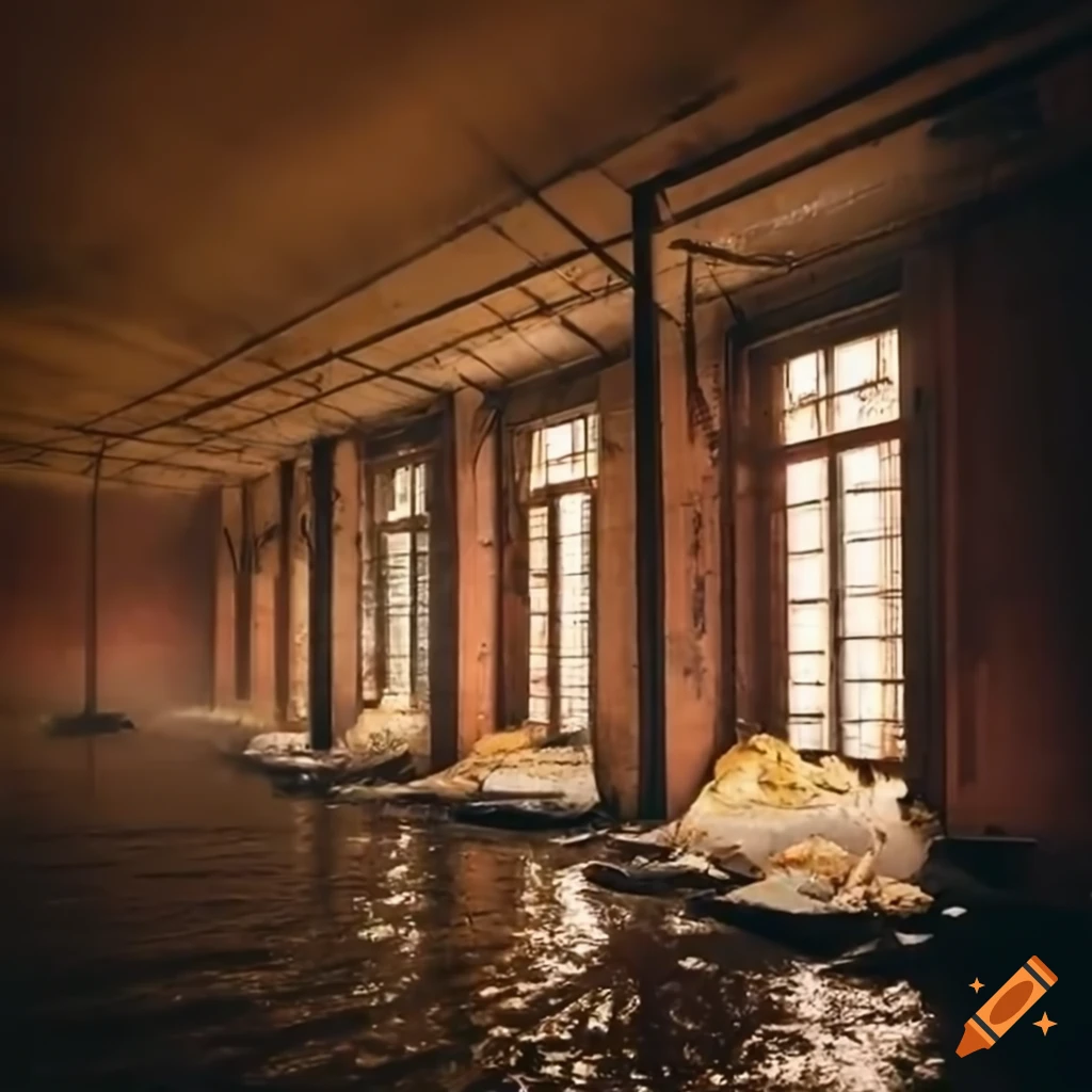 Abandoned flooded warehouse with tall walls in golden heavenly fog