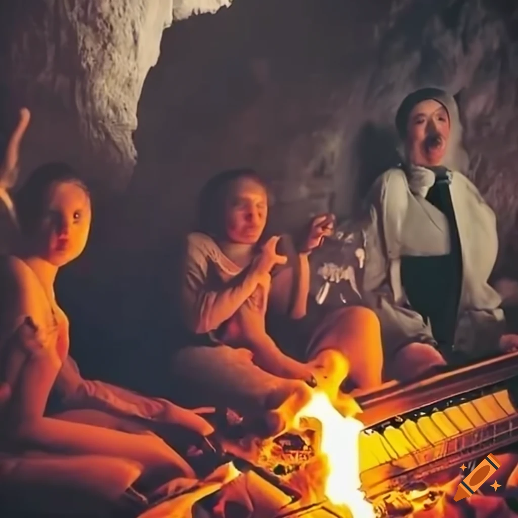 Group of cave people with electric guitars and hammond organ around a fire