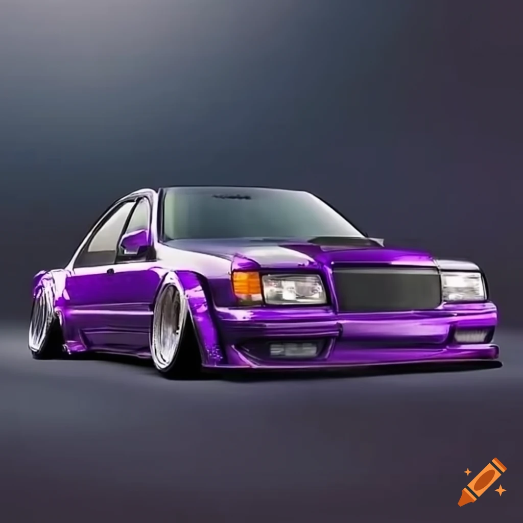 Customized purple w124 with wide body kit, spoiler, and black lip kit
