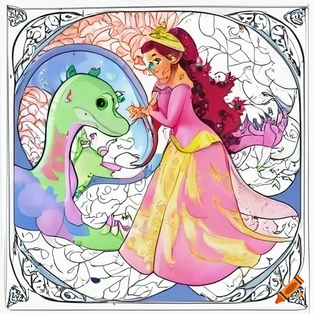 Princess and dinosaur coloring page on Craiyon