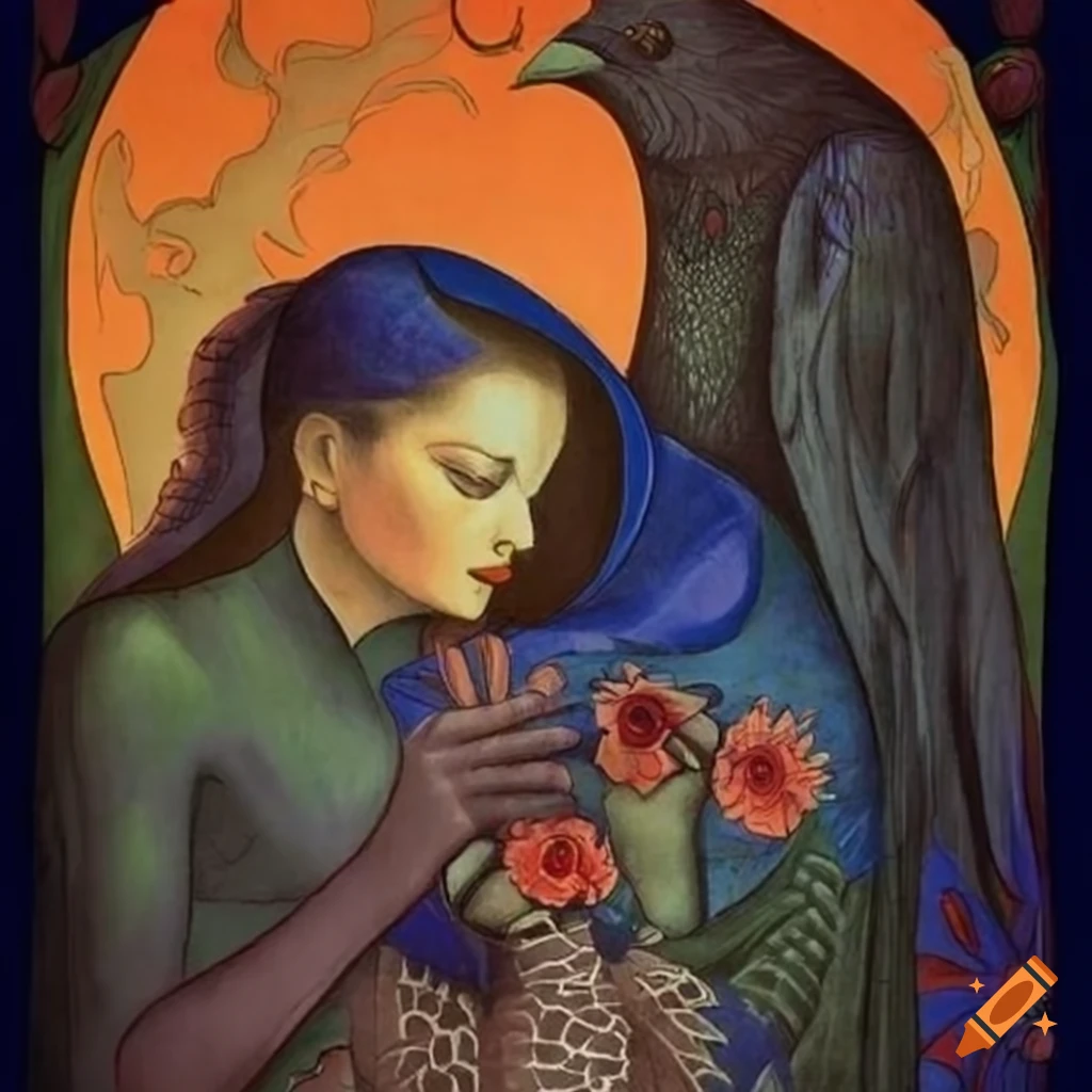 Illustration of a mystical Curandera Raven and an elegant Mother Goose in a storybook