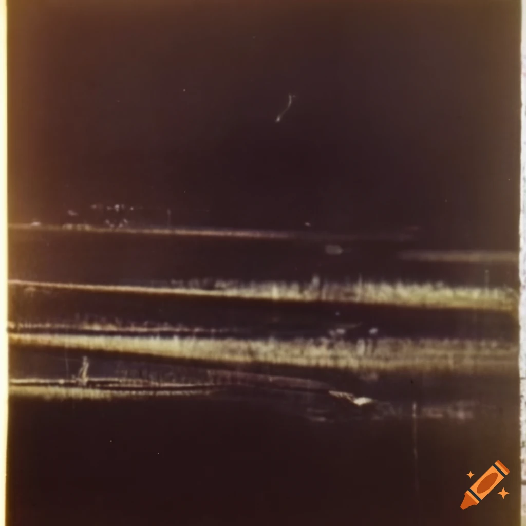 1970s polaroid in dark late evening with old film grainy scratched ...