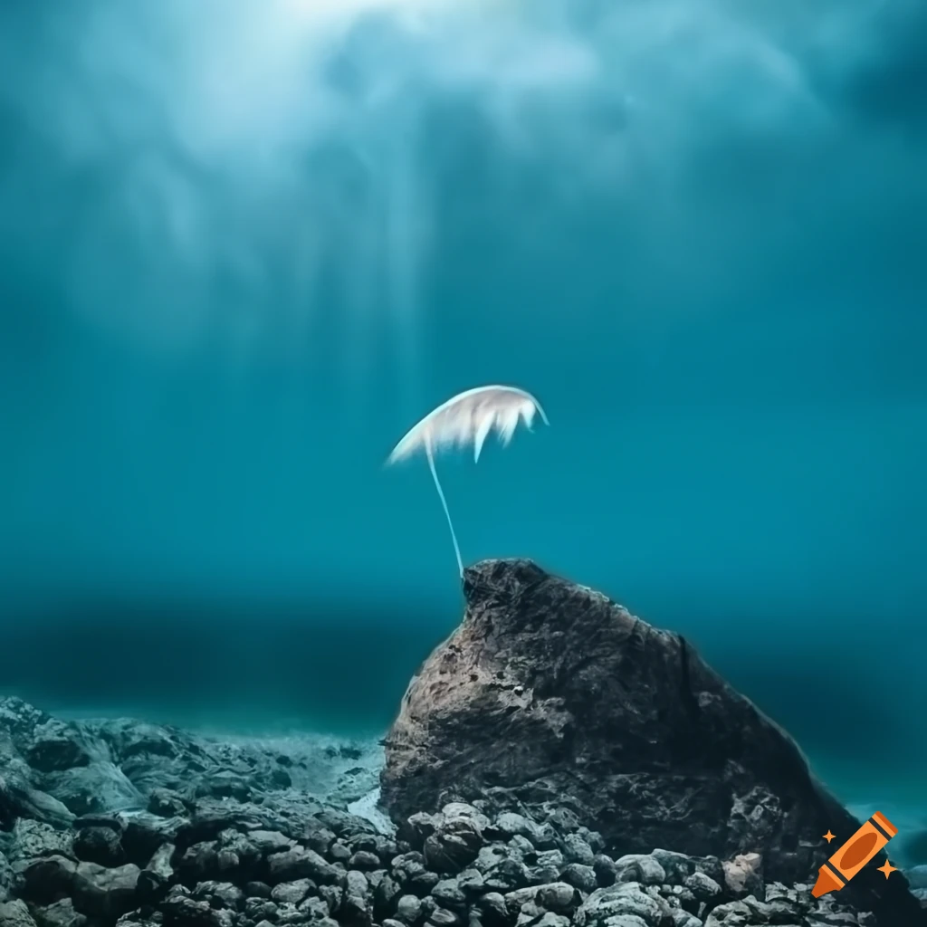 Rock plunging through the sea with a feather drifting above on Craiyon