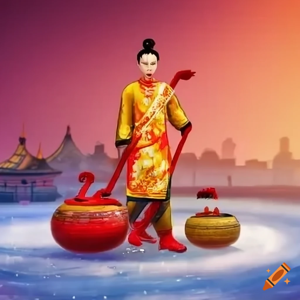 Chinese New Year curling with a tangerine stone in front of a Chinese palace