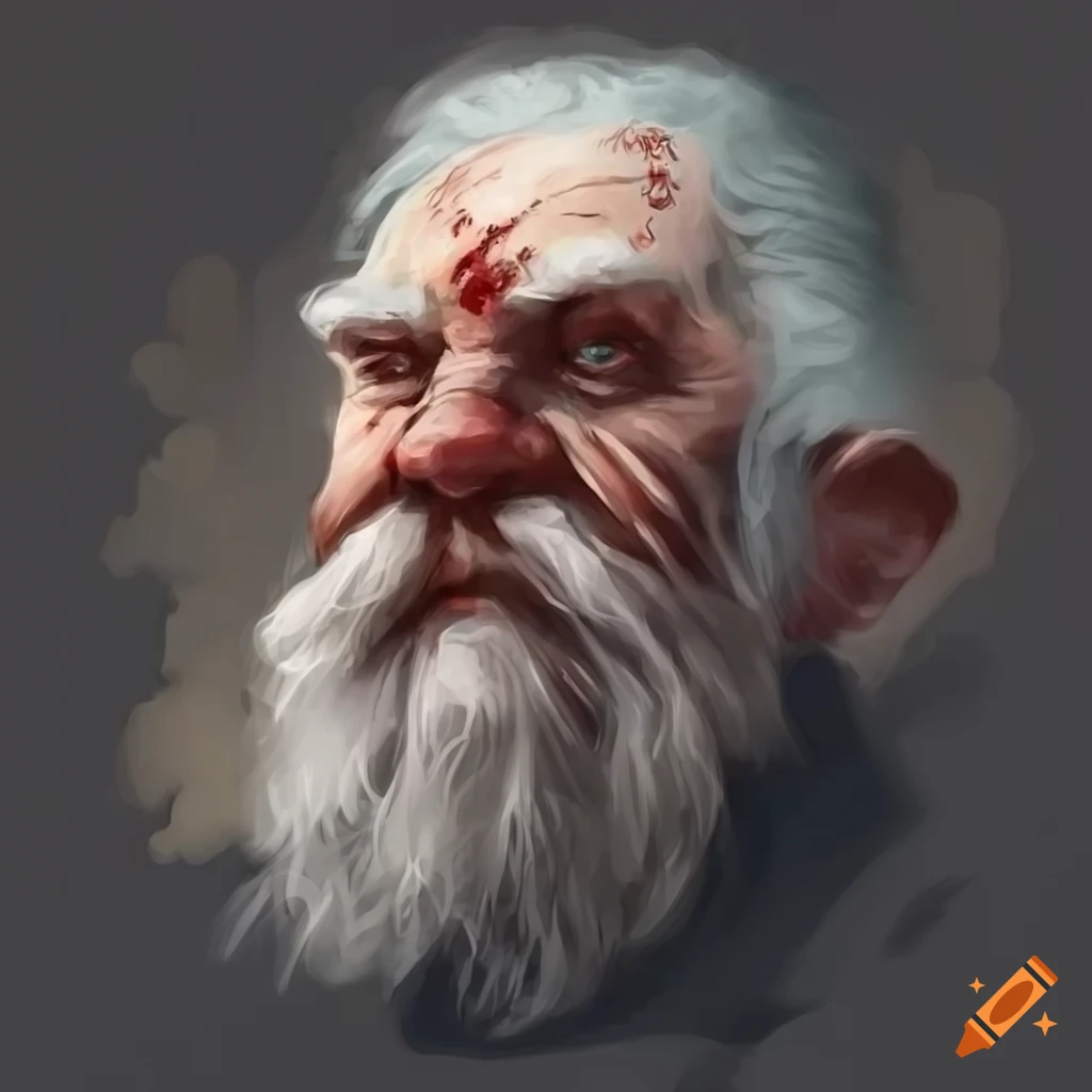 Elderly dwarf warrior with weatherbeaten face and white beard on Craiyon