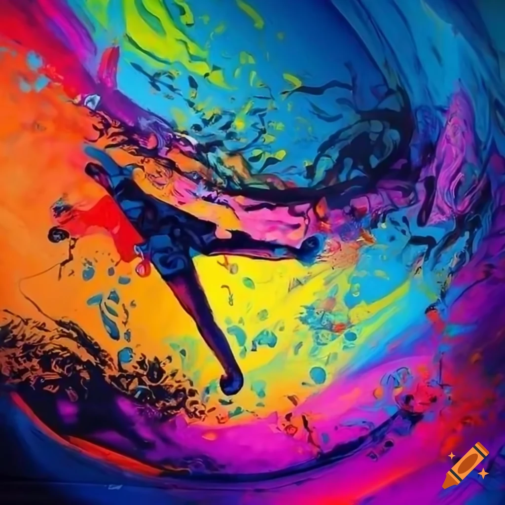Vibrant street art painting of a wave aerial surfboard