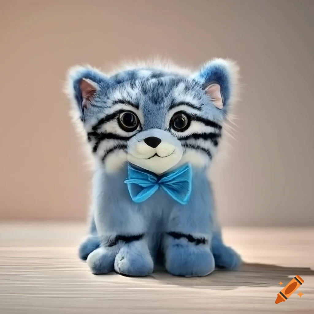 Blue Pallas cat plushie with fluffy tail and cute bowtie
