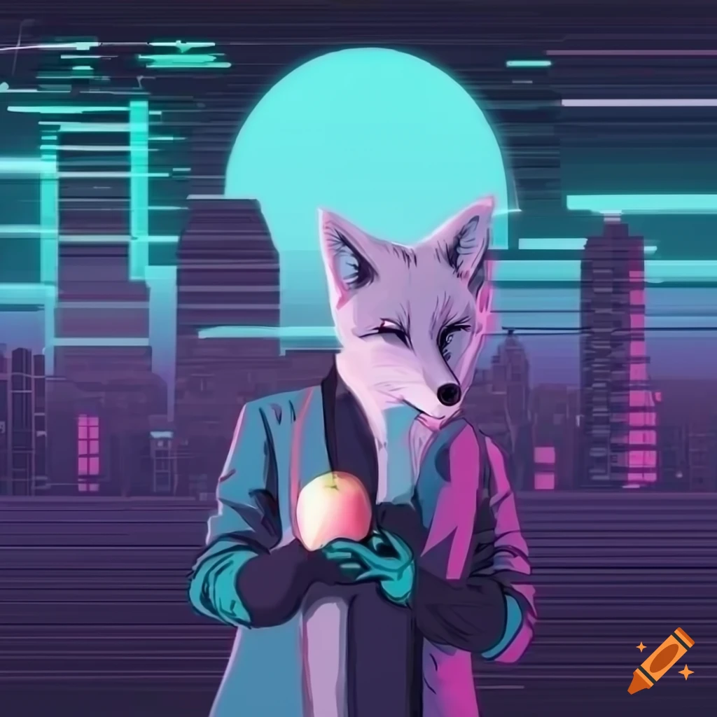 White fox with an apple in front of a futuristic city in synthwave