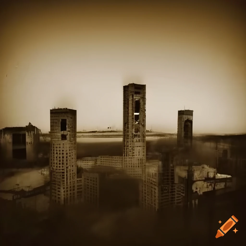 Sepia photo of rusted city towers in a smoky and abandoned night scene